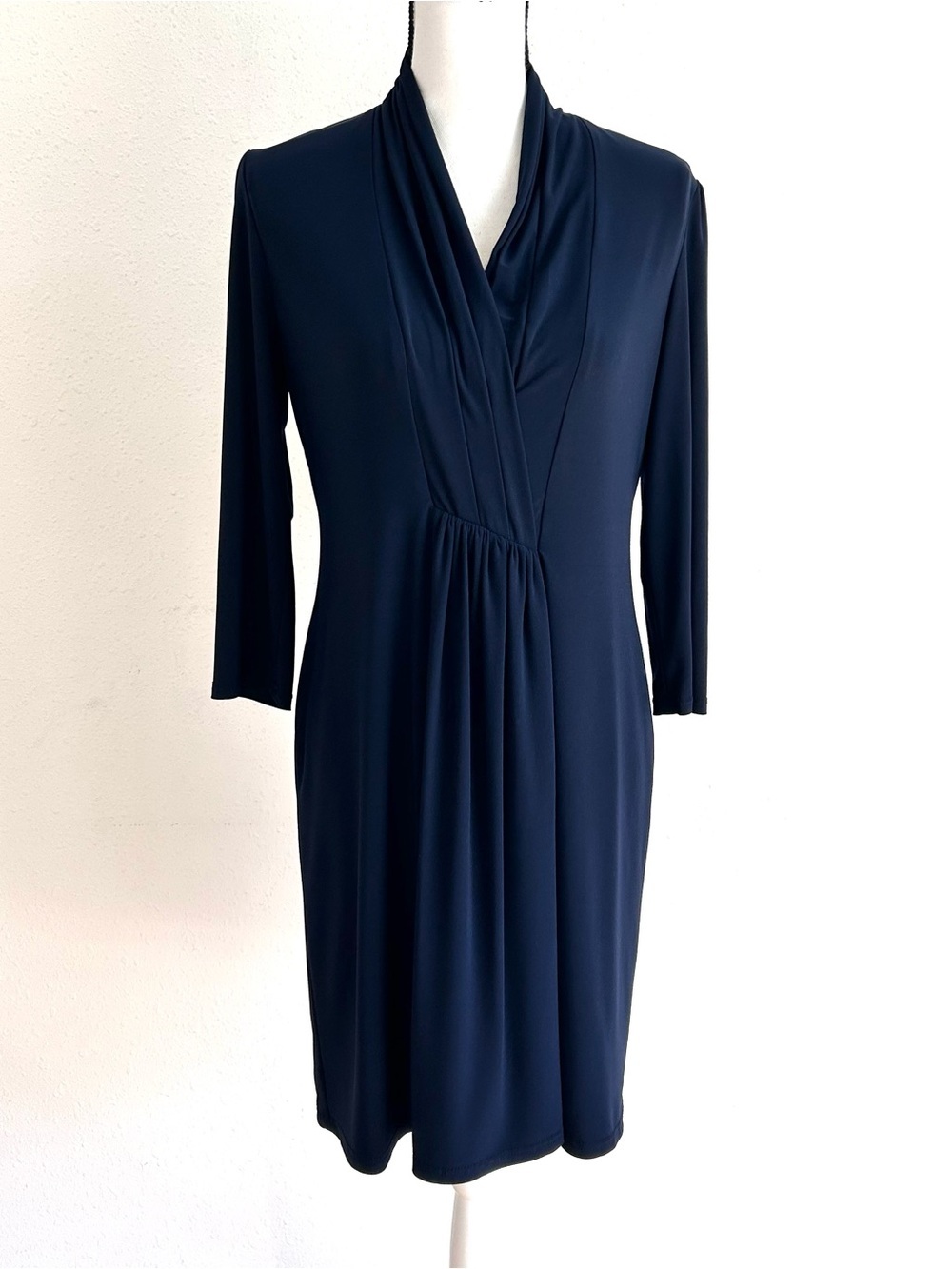 TAHARI by Arthur S. Levine Dress Petite Size 10P Navy Blue Pleated 3/4 Sleeve